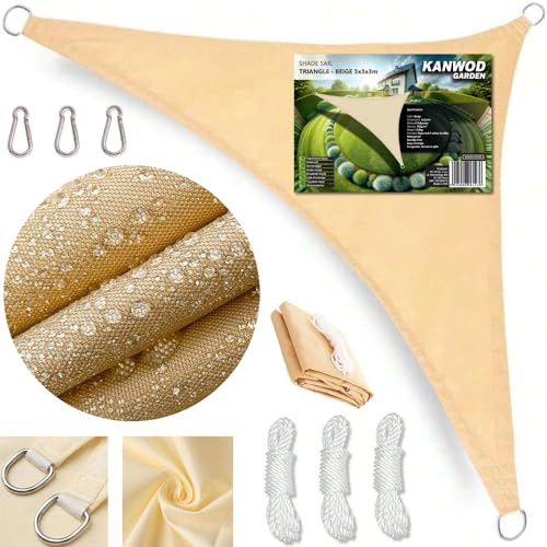 KANWOD Vela Ombreggiante Triangolare, 3 x 3 x 3 m, Impermeabile, Protezione UV, Tessuto 180 g/m², Telo Ombreggiante Esterno per il Balcone, la Terrazza e il Giardino, Beige