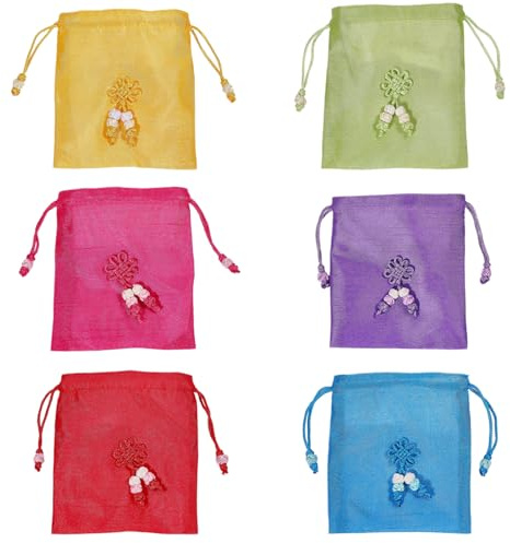CHGCRAFT 6Pcs 6 Colors Traditional Korean Pouch Embroidered Drawstring Bags Rectangle Cloth Packing Pouches for Wedding Candy Jewelry Bags