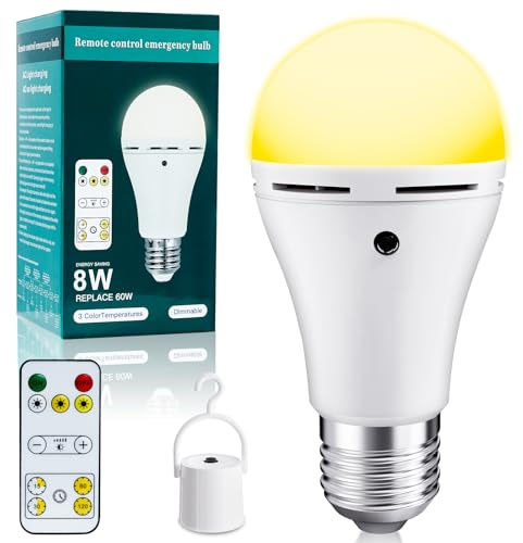 Dufuso Lampadina Ricaricabile Con Telecomando, E27 8W Lampadina Senza Fili, Lampadina LED Dimmerabile Touch Control Con Funzione Temporizzazione, Luce di Emergenza Con Gancio per Casa ed Esterni