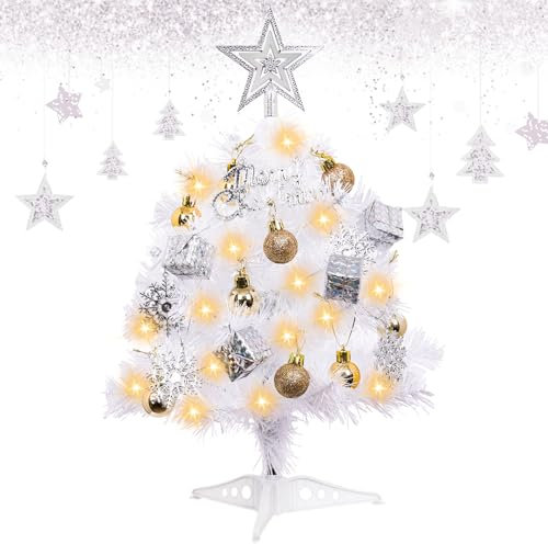 Mini Weihnachtsbaum, Weihnachtsbaum klein beleuchtet, künstliche weiße Tannenbaum, Weihnachtsbaum klein beleuchtet, Mini Tischplatte Tannenbaum, Mini Weihnachts Baum mit LED, für Weihnachtsdeko Weiß
