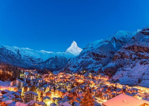 CORFOTO 2.1x1.5m Schneedorf Kulisse Winter Frühmorgens Landschaftsansicht Schneeberg Fotografie Hintergrund Zermatt Stadtansicht Kulisse Weihnachtsdorf Foto Dekor Fotoautomat