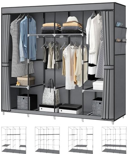 Truevaste Kleiderschrank 170x175x45cm, Stoffschrank mit Kleiderstange, Ablagen, Soffüberzug mit Reißverschluss, DIY Frei Konvertierbarer Stauraum, für Schlafzimmer, Ankleidezimmer, Grau