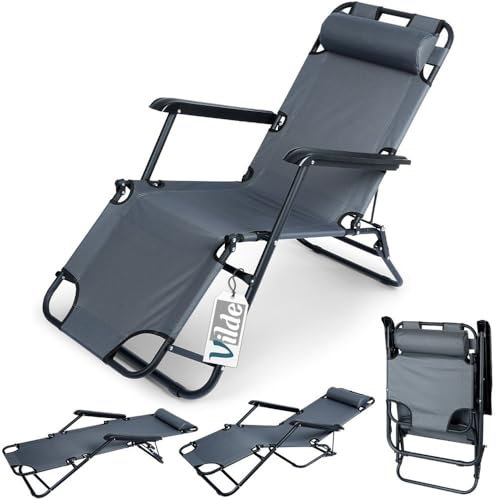Vilde - Gartenliege Sonnenliege Klappbar - Sonnenliegen - Klappbare Garten Liege Gartenliegen Leicht - Strandliege Liegestuhl Balkon Balkonliege - Strandstuhl tragbar - schwarz grau