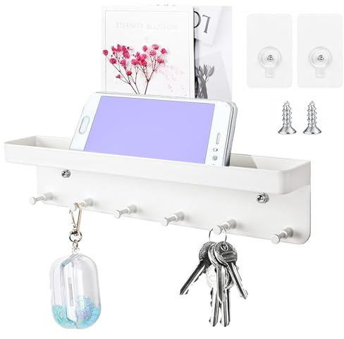 Schlüsselbrett mit Ablage, Weiß Schlüsselhalter, Schlüsselbrett mit Ablage und 6 Haken, Schlüsselboard Edelstahl, Einfach zu Installierende Schlüsselbretts Ohne Bohren, Für Flur, Küche, Badezimmer