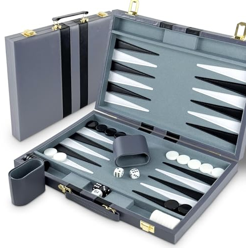 Lohofrnny Backgammon-set, 15 tum klassiskt backgammon fodral, 2 spelare brädspel bärbar resestrategi spel set för vuxna barn (15 tum, grå)