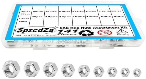 141pcs SAE Hex Nuts Assortment Kit, 6#32 8#32 10#24 10#32 12#24 1/4-20 5/16-18 3/8-16 1/2-13 Hardware Nuts Sets,304 Stainless Steel