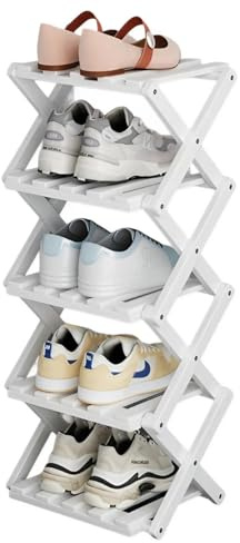 YHXAIQ Aus Bambus Schuhregal Schmal Klappbar, Faltbares Schuhregal Mehrschichtig für Flure/Kleine Räume, Platzsparend Ohne Installation(White,5th Floor)