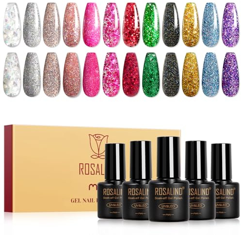 ROSALIND Vernis Semi Permanent Pailleté,12 Couleurs Argent Rose Rouge Vert Noir Or Bleu Violet Paillettes Vernis Gel, Soak-off Mini UV/LED Glitter Semi-permanent Paillettes Manucure