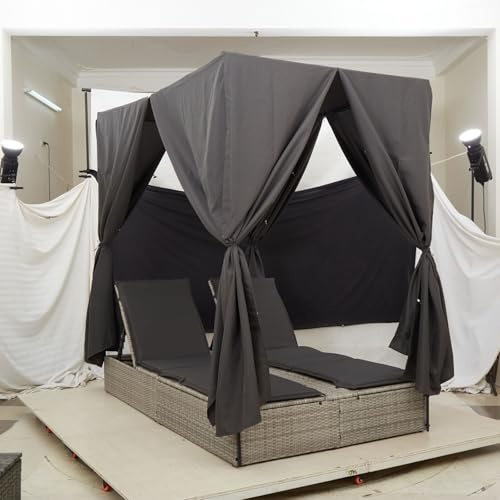 vidaXL Outdoor-Tagesbett mit Baldachin für Zwei stylische graue Poly-Rattan Lounge-Bett Bequeme Kissen ideal zur Entspannung im Garten, Balkon oder Patio Möbel Sitzliege