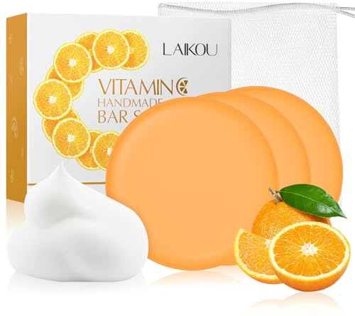 LAIKOU Vitamin C Seifenstück, 3 Stück 90g Körperseifen mit Schaumnetz, Seife für Gesicht und Körper, Duschseife für Alle Hauttypen Feuchtigkeitsspendende Reinigung Milde Pflege