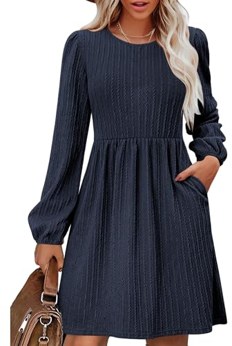 Zeagoo Langarm Kleid Damen Herbst Winter Strickkleid Knielang Herbstkleid Einfarbig Pllover Kleider Tunikakleid Navy Blau M