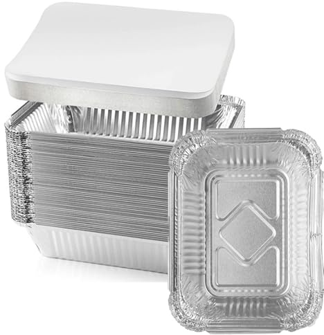 Aluminiumskålar med lock, engångsbruk, 230 ml, grillskål, grillskålar, grillbakplåt av aluminium, engångsskål, stekpanna ugnsform för grillfest, middag, för grönsaker, kött och fisk, 13 x 10 x 4 cm