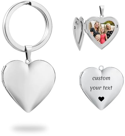 PHOCKSIN Personalised Photo Locket Key chain for Women Silver Heart Locket Keychain with Custom Text Engraved Customised Lockets Gifts for Women