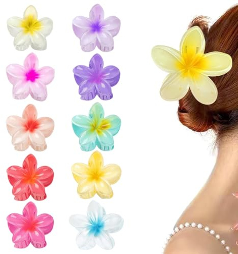 Paquete de 10 pinza pelo flor, pinzas para el cabello con flores, pinzas para el cabello con flores hawaianas, garra de flor de plumeria de 4CM, cabello rizado fino y grueso para mujeres, pinz