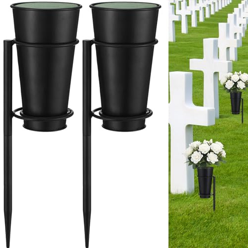 Otoolling 2 Sets Metal Cemetery Flower Vase with Stake for Grave, Flower Holder in Base Graveyard Vase with Floral Foam for Grave Decoration, Black