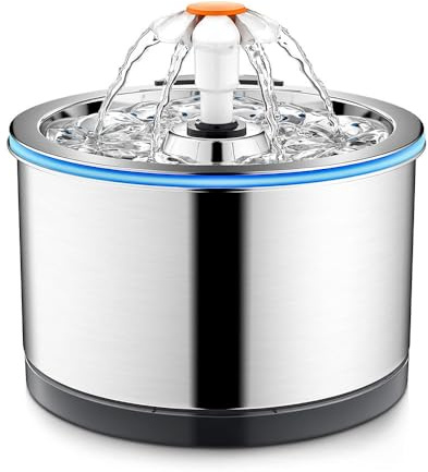 BulgurYe - Fuente de agua de acero inoxidable de 2.5 L para gatos, fuente automática para mascotas con filtración multicapa, agua de flujo silencioso para gatos y perros pequeños (ala plateada)