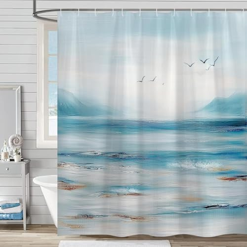 AUWUUA Duschvorhang mit Ozean- und Strandmotiv, 240 x 160 cm, Blaugrün, Sommer, Küste, Meer, Welle, Möwe, Naturlandschaft, Badezimmer-Dekor, Vorhänge, Aquarell-Ölgemälde, Stoff-Duschvorhang