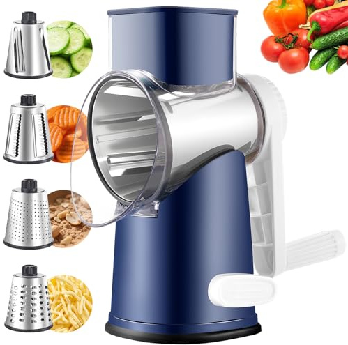 Weltonhm Rotary Cheese Grater with 4 Blades, Hand Crank Cheese Grater with Waffle Slicer, Black and White Cheese Slicer with Suction Base, Easier for Shredding& Grating (Blue, 4 Graters)