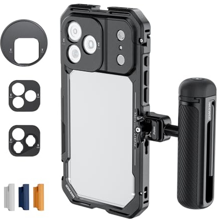 NEEWER Kit Phone Cage Compatibile con iPhone 17 Pro Max Solo, Accessori Stabilizzatore Video Rig con Anello Filtro 67mm, Backplate per Lente 17mm/T Mount, Grip Bluetooth a Sgancio Rapido, PA144 (Nero)