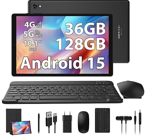 RUSHAR Tablette 10 Pouces Android 15 avec 36GB RAM+128GB ROM (1TB TF), 4G LTE+5G WiFi, Octa-Core 2.0 GHz, 8000mAh, Bluetooth 5.0, GPS, 8MP+13MP, Tablette avec Clavier, Noir