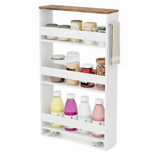 COSTWAY Carro de Almacenamiento Estrecho de 4 Niveles, Carrito Auxiliar con Ruedas, 4 Estantes, Barandillas Anticaídas y Asa, Ahorra Espacio, Carrito para Cocina, Baño, 47,5x13x80,5 cm,Blanco y Marrón