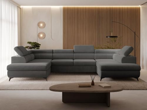 GRAINGOLD Argon U Ecksofa mit Schlaffunktion & Bettkasten 322x190 cm, U-Form Sofa mit Stauraum, Schlafcouch für Wohnzimmer, Velvet-Stoff, 5-Sitzer Wohnlandschaft, Modernes Design (Castel, Dunkelgrau)