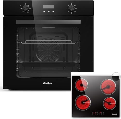 Cooksir Four Encastrable 60CM avec Prise, 60 Litres, 2000W, 7 Fonctions, Bouton Rotatif+Plaque Vitrocéramique 4 Feux avec Cadre, 60CM Encastrable, 6000W