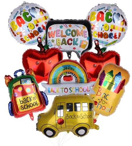 Fukaisu 9uds Globos Vuelta Colegio, Papel Aluminio Autobús Escolar Mochila Lápiz Lápiz Color Manzana & Bienvenido Globos Set con Cuerda & Pajita para Fiesta Aula Decoración Suministros