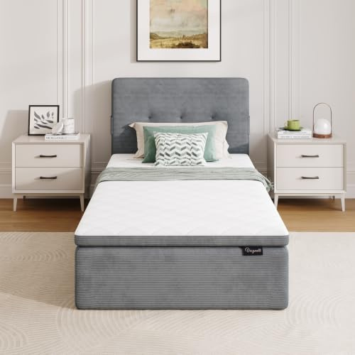 Vesgantti Einzelbett mit Matratze 90x200cm, Polsterbett ohne Lattenrost, Kord Bett in der Box mit Reißverschluss-Montage, werkzeugfrei, gepolstertes Kopfteil, Oeko-TEX Standard 100, 35 cm Höhe