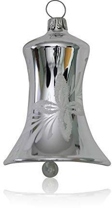 Lauschaer Glas Christbaumschmuck Glocken klein Silber mit weißen Blumen 3 Stück d 5cm Christbaumschmuck Weihnachtsbaumschmuck mundgeblasen handdekoriert