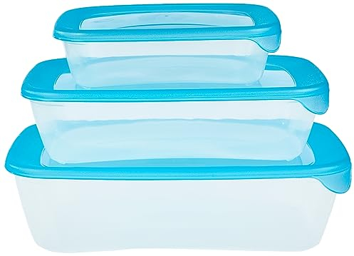 Curver Lot 3 Boîtes Fresh'n Go Rectangulaire (0.5L+1L+2L) - Boîte de Conservation Alimentaire Transparente- Adaptée au Micro-Ondes, Lave- Vaisselle, Congélateur - 25,8x16,8x7,4 cm - Bleu