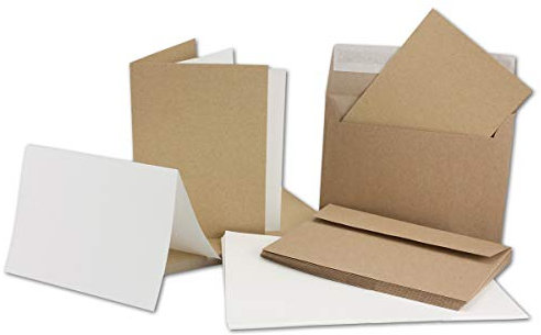 50 x Kraftpapier Faltkarten-Set DIN C6 /A6 - Doppel-Klappkarten + Einlegeblätter in creme mit Umschläge C6 - Vintage-Naturpapier - braun