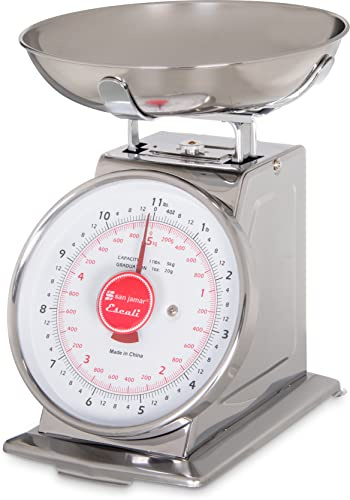 San Jamar Escali Mechanical Kitchen Scale SCDLB11 – Analog Food Scale with Stainless Steel Bowl, 11lb Capacity, Large Dial Display, Tare Feature, No Batteries Required