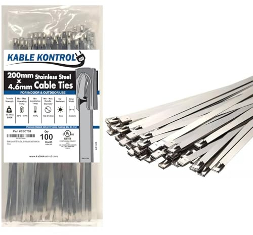 Kable Kontrol Metal Zip Ties 8 Inch 100 Pcs, 200 Lbs Tensile Strength, Self-locking Multi-Purpose 304 Stainless Steel Heavy Duty Cable Ties Ideal for Exhaust Wrap, Outdoor and Indoor Use