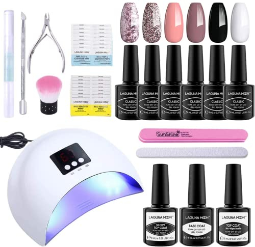 Gel Nail Polish Kit with 36W UV Led Lamp - Home Manicure Nail Art Starter Kit with 6 Classic Colours, No-Wipe Top Coat, Base Coat, Cleanser and Remover - DIY or Salon Use (6 x 8ml)