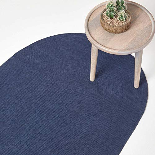 HOMESCAPES Tapis Ovale Artisanal tissé à Plat en Coton Bleu Marine pour la Chambre ou Le Salon, 60 x 90 cm