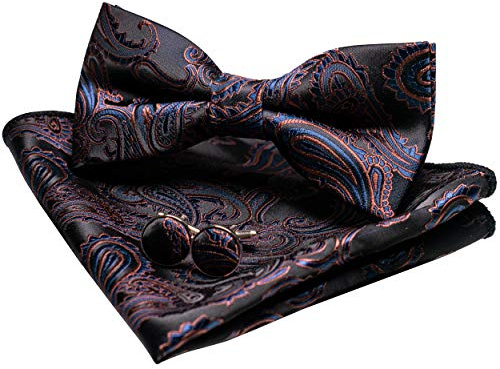 JEMYGINS Paisley Fliege und Einstecktuch mit Manschettenknöpfe Sets für Herren