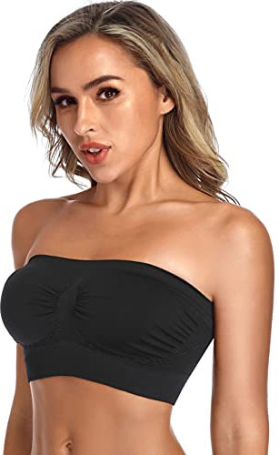 ANGOOL Bandeau Bra Seamless Non Padded Strapless Bra Boobtube Style Stretch Basic Layer Soft Bralette, Black, XL Fit 38D 42B 42C
