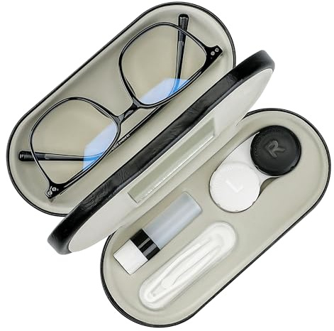 Zettokete 2 in 1 Contact Lens Case and Glasses Case, Double Sided Dual Use Design with Mirror, Tweezer and Contact Lens Solution Bottle, Portable Soak Storage Kit for Travel, Office (Black)