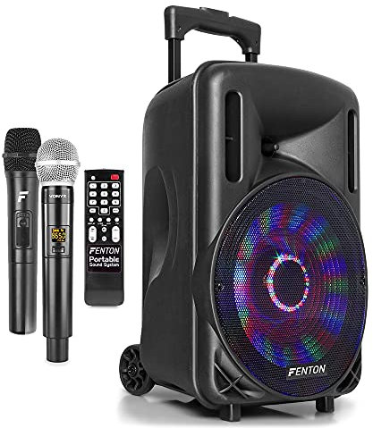 Fenton FT10LED Portable PA System with Bluetooth Speaker and 2 Wireless Microphones - 450W Karaoke Machine for Adults