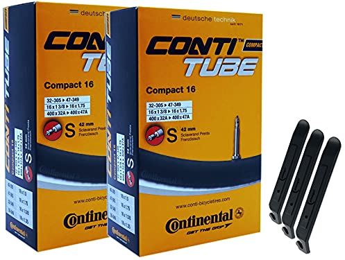 pneugo! Set 2 x Continental Fahrradschlauch 16 Zoll Sclaverand 32-349/47-305 (Compact) + 3 Reifenheber