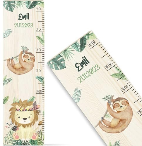 GRAVURZEILE Messlatte für Kinder aus Holz - Dschungel Design - mit Namen für Kinderzimmer - Skala misst 80-140 cm - Größe 20 x 70 x 2 cm - Geschenk zur Geburt für Mädchen & Jungen