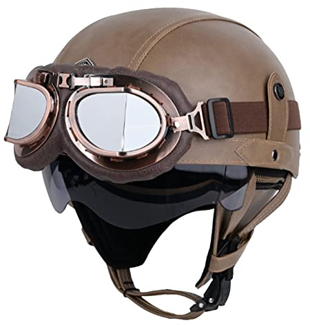 LHBM Rétro Casque Moto Bols,Casques Demi-Jet Homologué Dot/ECE avec Visière UV Lunettes Casque de Moto Cuir Style de Vintage Demi Casque pour Scooter Bike Chopper Moped Casque J,L=59-60cm