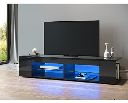 SONNI Mobile Porta TV LED per Soggiorno,Mobile TV Moderno Nero a Giorno con Ripiani in Vetro e Telecomando e Illuminazione a Orientabile il Colore 135x39x30cm