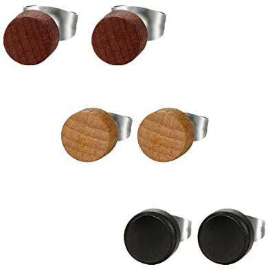 Flongo Holz Ohrstecker Ohrschmuckset, 6 Stück 6mm Stecker kleine runde Ohrringe Kaffee Braun Schwarz Fake Plug Tunnel Piercing Ohrschmuck für Männer Frauen