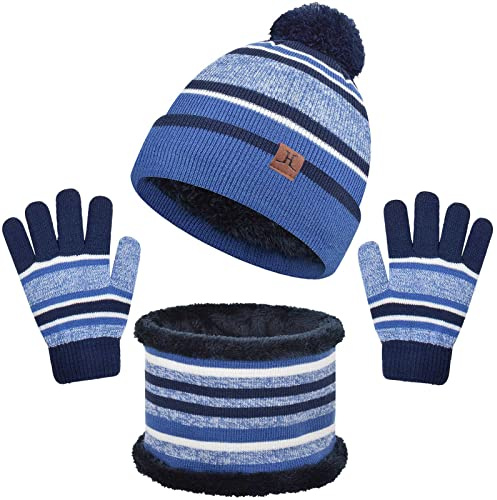 heekpek 3 Pieces Hat And Scarf Sets for kids Winter Pom Pom Hat Scarf Gloves Set for Girls Boys Warm Knitted Beanie Hats Snood Scarf and Gloves for Children, Blue 2, One size