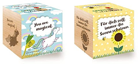 Grow Your Own Einhornbohne, Holzwürfel Mit Lasergravur «You Are Magical», Nachhaltige Geschenkidee, Anzuchtset & Celebrations Ecocube, Sonnenblume Bio Samen «Für Dich Soll Immer Die Sonne Scheinen»