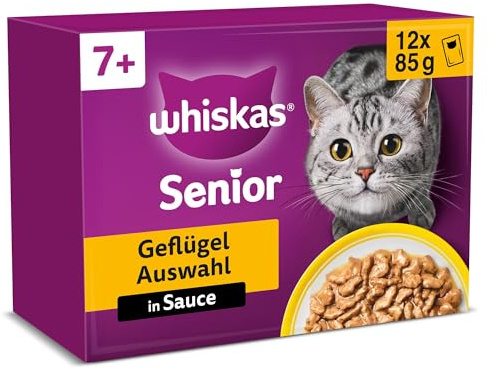 Whiskas 7+ Kattfoder med fågel, urval i sås, 12 x 85 g (4 förpackningar) – högkvalitativt våtfoder från det 7:e levnadsåret, i 48 portionspåsar