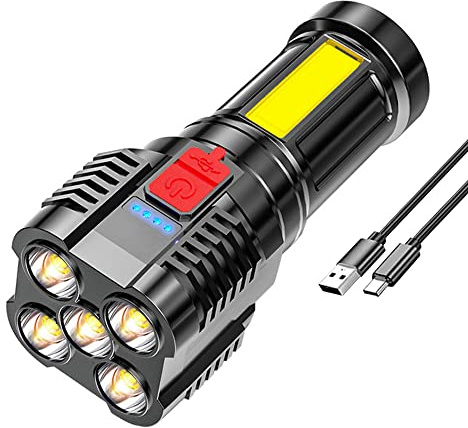CalmGeek Torcia 5 LED Potente, USB Ricaricabile, Portatile da Lavoro con Lumen Alto con Luce Laterale, 4 Modalità, Campeggio Escursionismo Avventura Casa Emergenze(Nero)