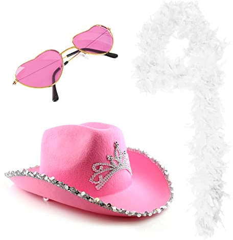 Love Tour Zubehör Set - Rosa Cowboyhut mit Diadem, 80g weiße Federboa, rosa herzförmige Sonnenbrille - Erwachsene Pop Icon Konzert Fasching Kostüm
